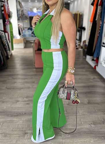 Fashion Splicing V-Neck Zipper Sleeveless Vest Slit Pants Two-Piece Suit For Women