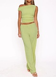 Elastic Bubble One-Shoulder Oblique Collar Pleated Top Wide-Leg Pants Two-Piece Set