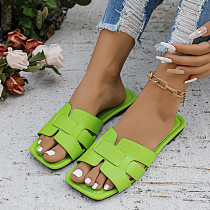 Solid Color Flat Slippers For Women Square Toe Breathable Slip-On Home Slippers For Women