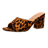 Leopard High Heel Slippers Female Square Toe Slide Flip Flop Sandle Women