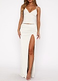 Fashionable Suspender V-Neck Vest Pleated Slit Skirt Two-Piece Suit For Women