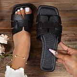 Solid Color Flat Slippers For Women Square Toe Breathable Slip-On Home Slippers For Women