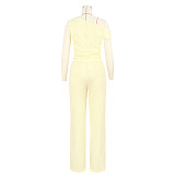 Elastic Bubble One-Shoulder Oblique Collar Pleated Top Wide-Leg Pants Two-Piece Set