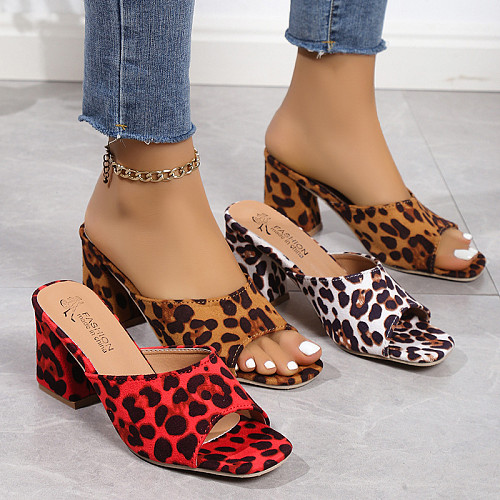 Leopard High Heel Slippers Female Square Toe Slide Flip Flop Sandle Women