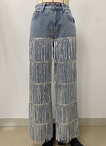 Fashion Buttoned Tassel Loose Straight Denim Trousers