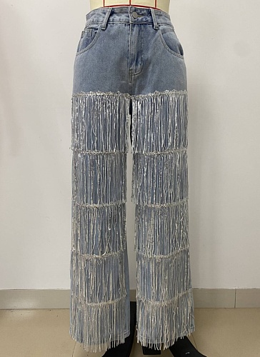 Fashion Buttoned Tassel Loose Straight Denim Trousers