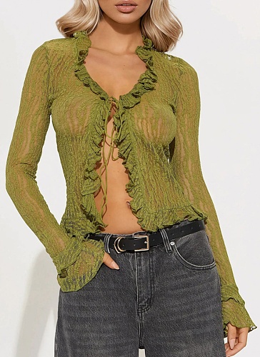 Women'S Hollow Lace V-Neck Cardigan Long-Sleeved Lace-Up Top