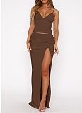 Fashionable Suspender V-Neck Vest Pleated Slit Skirt Two-Piece Suit For Women