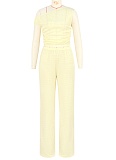 Elastic Bubble One-Shoulder Oblique Collar Pleated Top Wide-Leg Pants Two-Piece Set