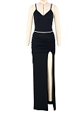 Fashionable Suspender V-Neck Vest Pleated Slit Skirt Two-Piece Suit For Women