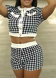 Fashion Houndstooth Short-Sleeved Top Tight Shorts Two-Piece Suit For Women