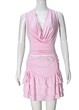 Hollow Navel-Baring Sway Collar Tie Top Cake Elastic Skirt Two-Piece Set