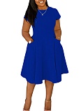 New Summer Casual Round Neck Pocket Slim Fit A-Line Midi Dress
