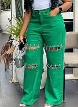 Green Women'S High Waist New Style Stitching Casual Nail Chain Jeans