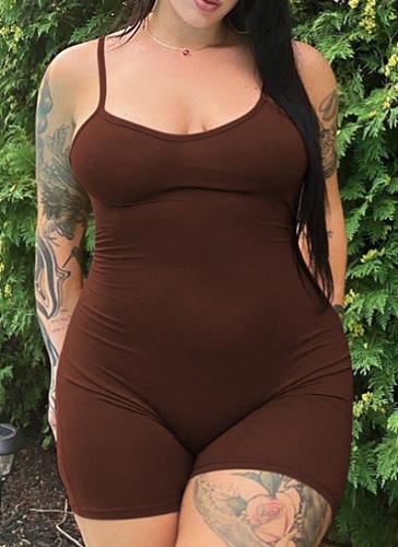Brown Summer New Fashion Backless Wrinkled Hip-Lifting Short Jumpsuit For Women