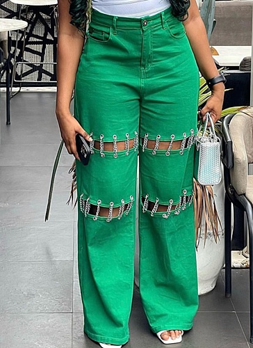 Green Women'S High Waist New Style Stitching Casual Nail Chain Jeans