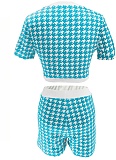 Fashion Houndstooth Short-Sleeved Top Tight Shorts Two-Piece Suit For Women