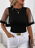 Black Fashion Net Yarn Trumpet Sleeve Splicing Round Neck Casual Summer T-shirt Women