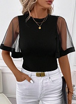 Black Fashion Net Yarn Trumpet Sleeve Splicing Round Neck Casual Summer T-shirt Women
