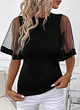 Black Fashion Net Yarn Trumpet Sleeve Splicing Round Neck Casual Summer T-shirt Women