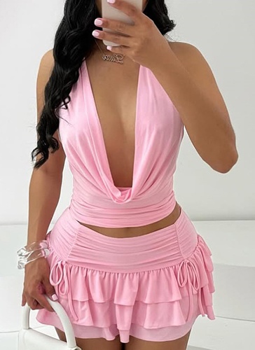 Hollow Navel-Baring Sway Collar Tie Top Cake Elastic Skirt Two-Piece Set