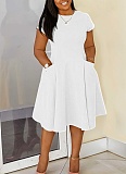 New Summer Casual Round Neck Pocket Slim Fit A-Line Midi Dress