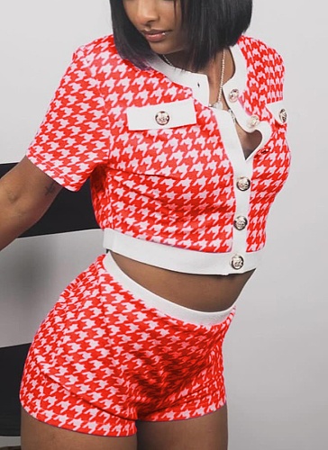 Fashion Houndstooth Short-Sleeved Top Tight Shorts Two-Piece Suit For Women