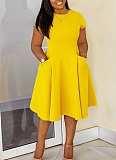 New Summer Casual Round Neck Pocket Slim Fit A-Line Midi Dress