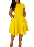 New Summer Casual Round Neck Pocket Slim Fit A-Line Midi Dress
