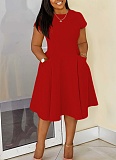 New Summer Casual Round Neck Pocket Slim Fit A-Line Midi Dress