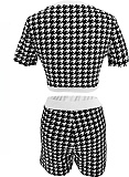 Fashion Houndstooth Short-Sleeved Top Tight Shorts Two-Piece Suit For Women