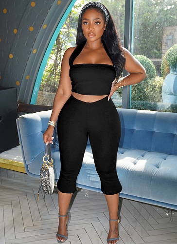 Summer New Tube Top Hanging Neck Vest Solid Color Sexy Slim Pants Two Piece Set