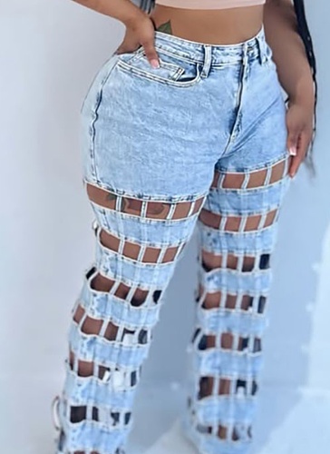 New Street Fashion Hollow High Waist Straight Jeans For Women