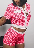 Fashion Houndstooth Short-Sleeved Top Tight Shorts Two-Piece Suit For Women
