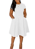 New Summer Casual Round Neck Pocket Slim Fit A-Line Midi Dress