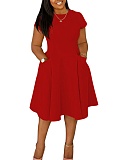 New Summer Casual Round Neck Pocket Slim Fit A-Line Midi Dress