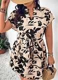 Large Size V-Neck Short Sleeve Floral Print High Waist Dress For Women
