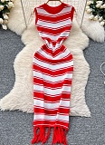 Slim-Fit Round Neck Sleeveless Color-Blocked Striped Knitted Summer Tight-Fitting Hip-Wrapped Tassel Dress