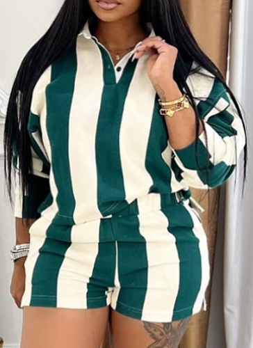 New Casual Fashion Striped Lapel Long-Sleeved Top High Waist Shorts Two-Piece Suit