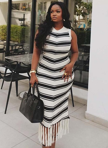 Slim-Fit Round Neck Sleeveless Color-Blocked Striped Knitted Summer Tight-Fitting Hip-Wrapped Tassel Dress