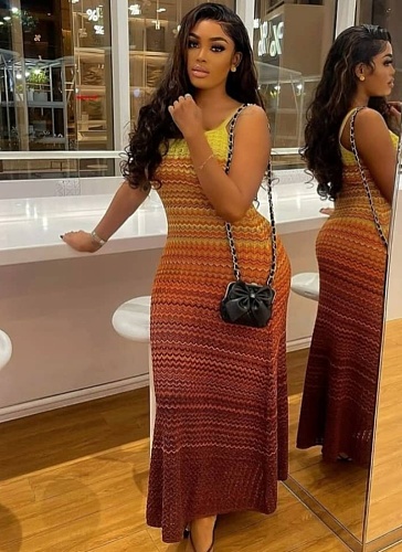 Summer Suspender Knitted Retro Gradient Color Wave Pattern Slim Hip-Wrapped Long Dress