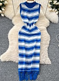 Slim-Fit Round Neck Sleeveless Color-Blocked Striped Knitted Summer Tight-Fitting Hip-Wrapped Tassel Dress