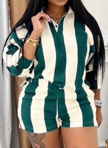 New Casual Fashion Striped Lapel Long-Sleeved Top High Waist Shorts Two-Piece Suit