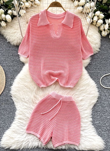 Summer Retro Lapel Short-Sleeved Hollow Knitted Top Tight Hip Shorts Two-Piece Set