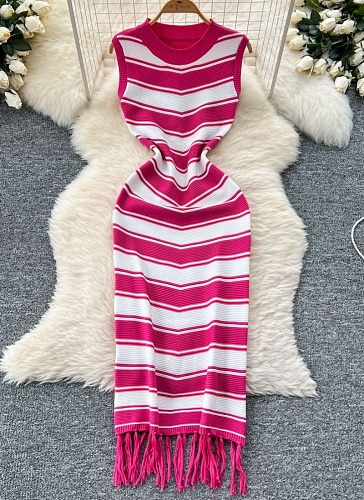 Slim-Fit Round Neck Sleeveless Color-Blocked Striped Knitted Summer Tight-Fitting Hip-Wrapped Tassel Dress