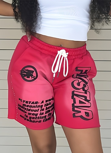 Rose Red Letter Print Loose Casual Shorts