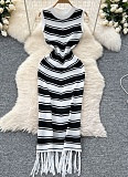 Slim-Fit Round Neck Sleeveless Color-Blocked Striped Knitted Summer Tight-Fitting Hip-Wrapped Tassel Dress