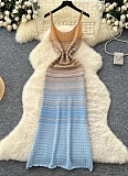 Summer Suspender Knitted Retro Gradient Color Wave Pattern Slim Hip-Wrapped Long Dress