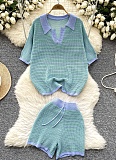 Summer Retro Lapel Short-Sleeved Hollow Knitted Top Tight Hip Shorts Two-Piece Set