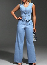 New Denim V-Neck Sleeveless Cardigan Fashionable Waist Trousers Two-Piece Suit